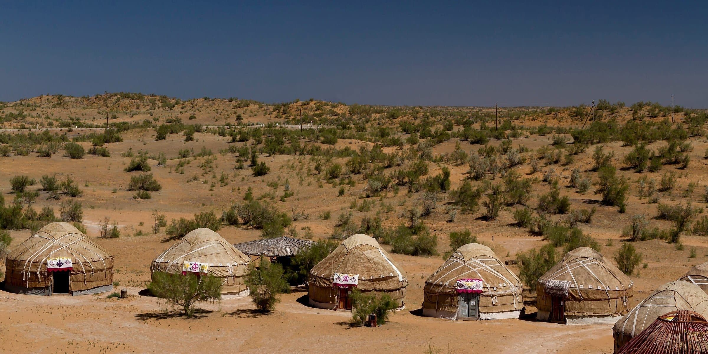 Felt yurts of a desert camp, patterned hangings above their doors, set below low sandy hills dotted with scrub